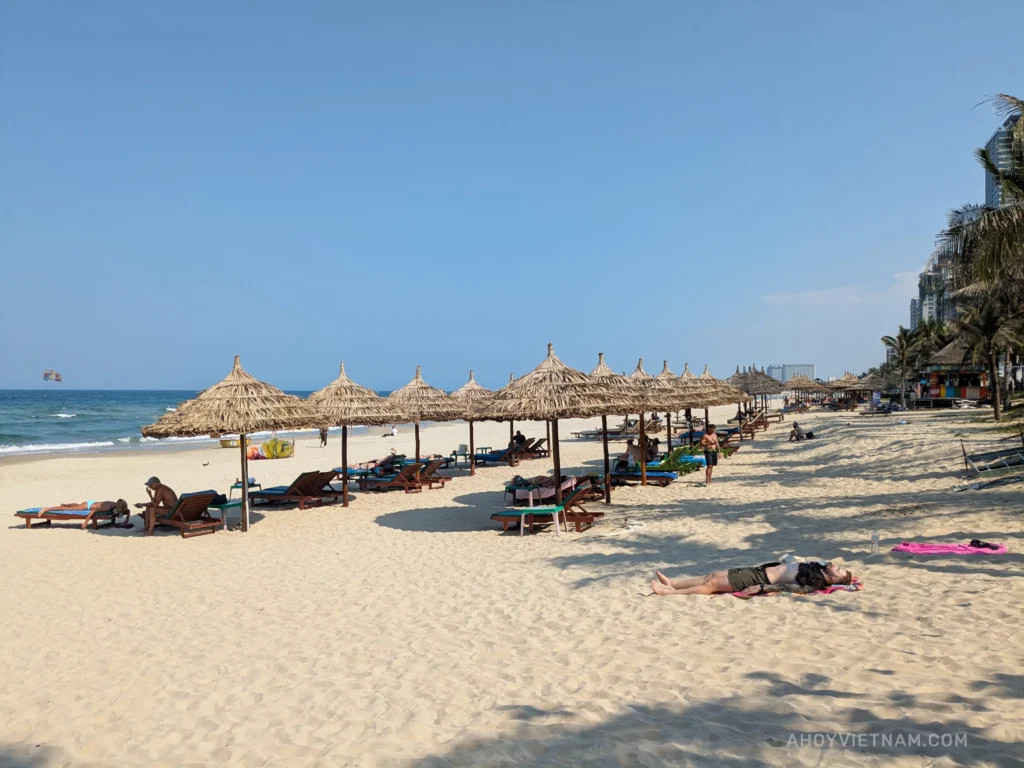 Beach loungers near the shore
