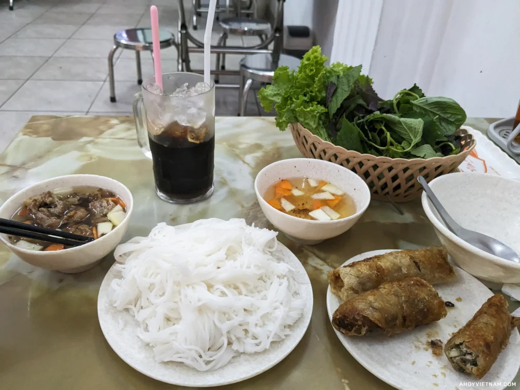 Bun cha Hanoi and spring rolls.