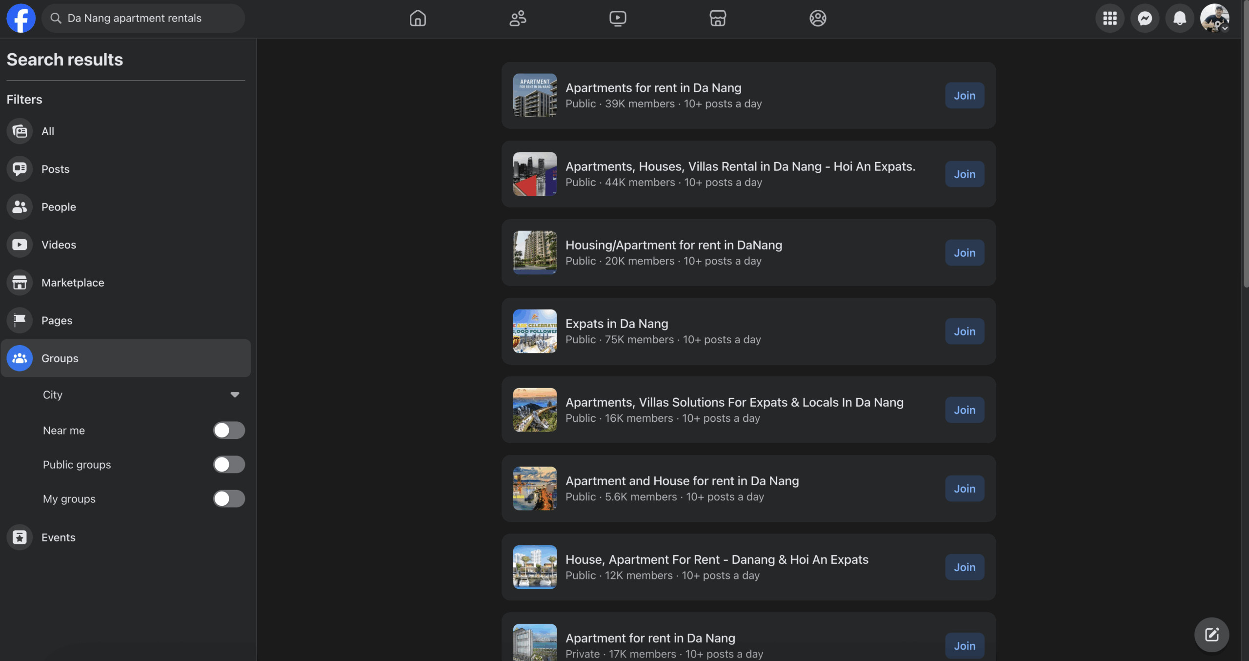 Screenshot of Da Nang apartment groups on Facebook