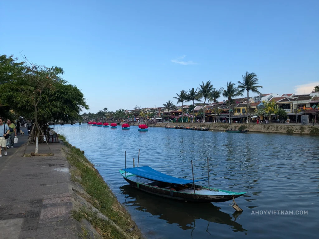 A small boat in the Thu Bon River in Old Town Hoi An in May